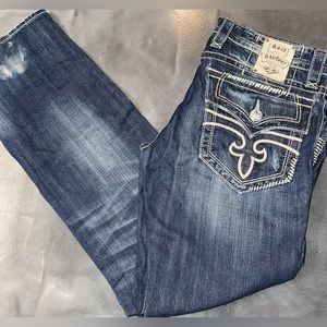 Rock Revival Jeans Mens SZ 33 Blue Denim Straight Leg Distressed Steven